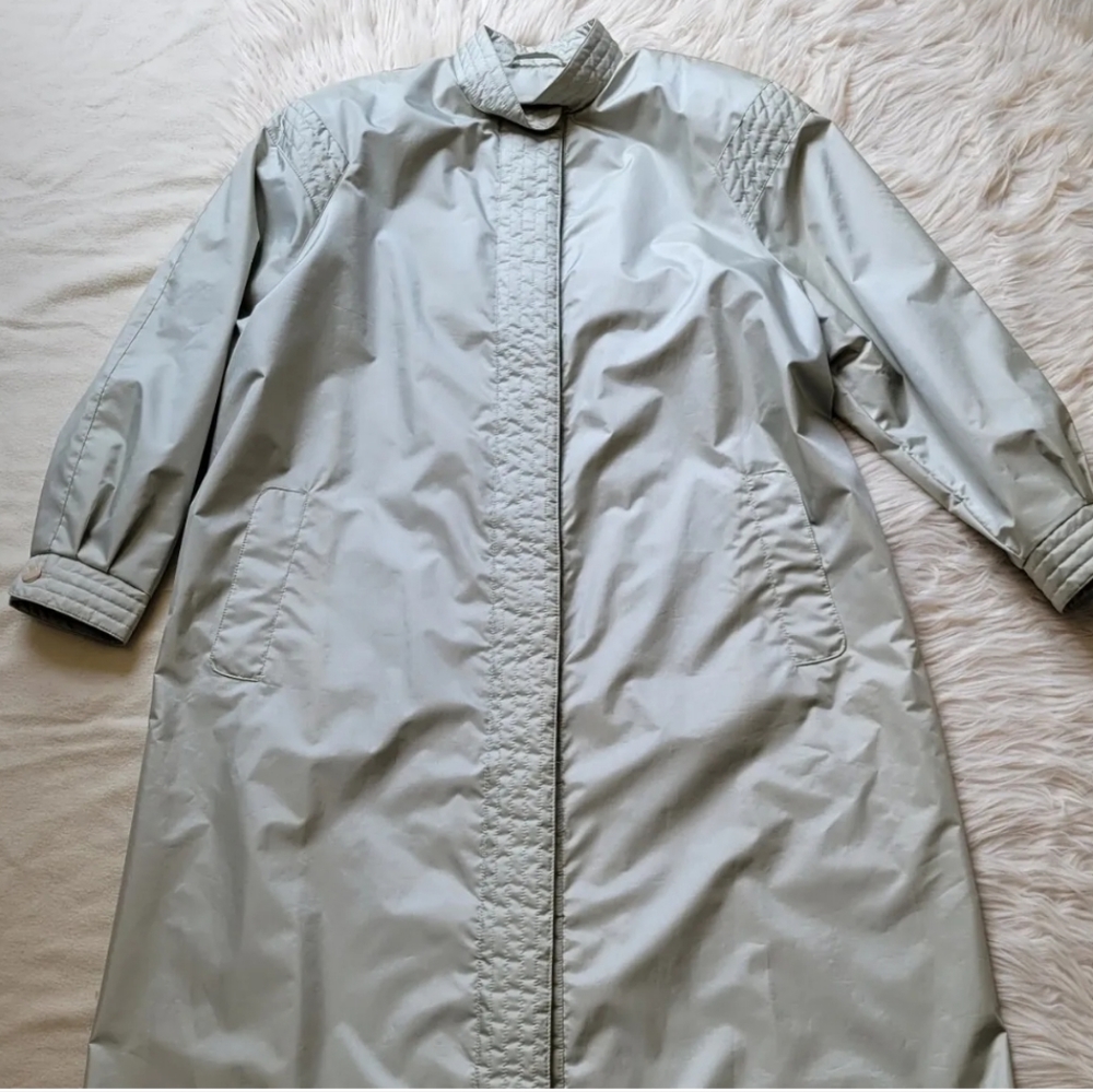 Fleet Street Vtg Funky Light Green Ivory Trench Rain Coat Long Sz 14 Womens 80s
